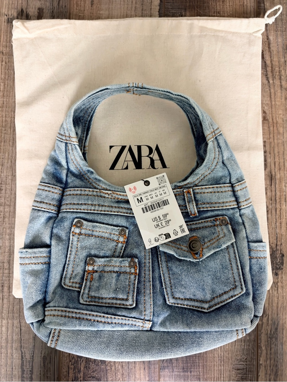ZARA Light Wash Denim Shoulder Bag with Front Pockets